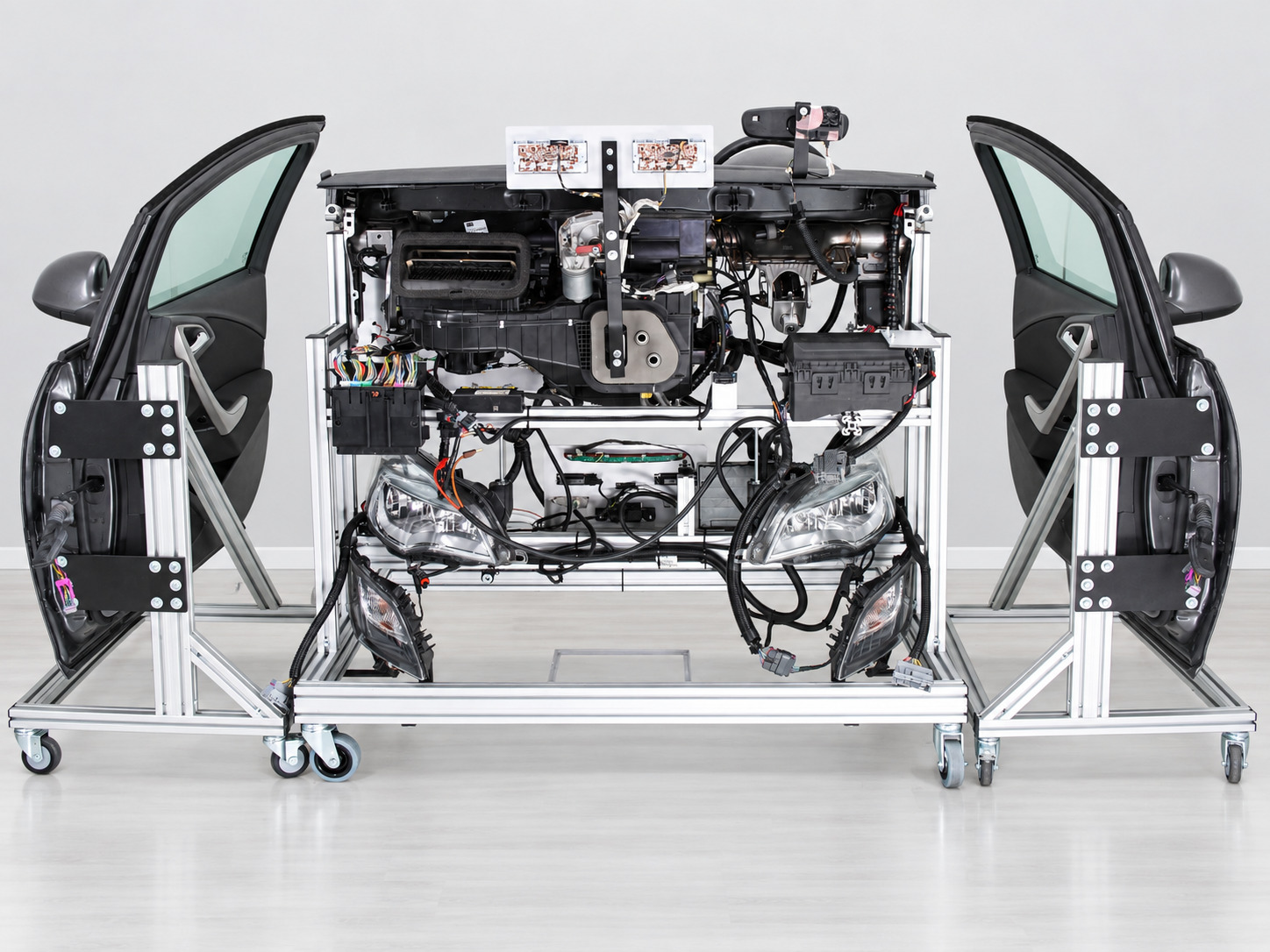 Rear view of the Opel Astra J training model with vehicle components